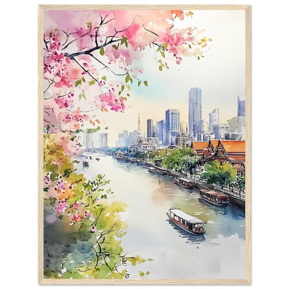 Bangkok Chao Phraya River Pink Blossoms Watercolor City Print