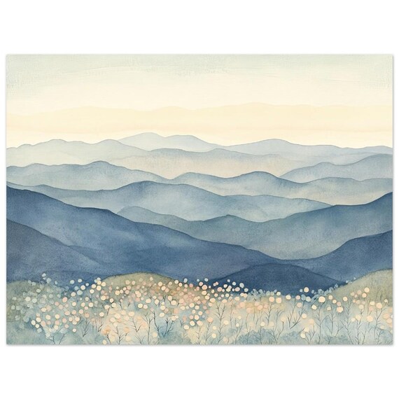 Blue Ridge Mountains Misty Watercolor Landscape Wildflowers Poster
