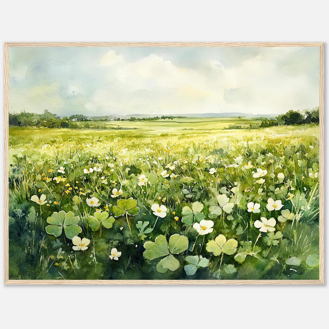 Irish Clover Field Green Meadow Wildflower Watercolor Landscape Poster