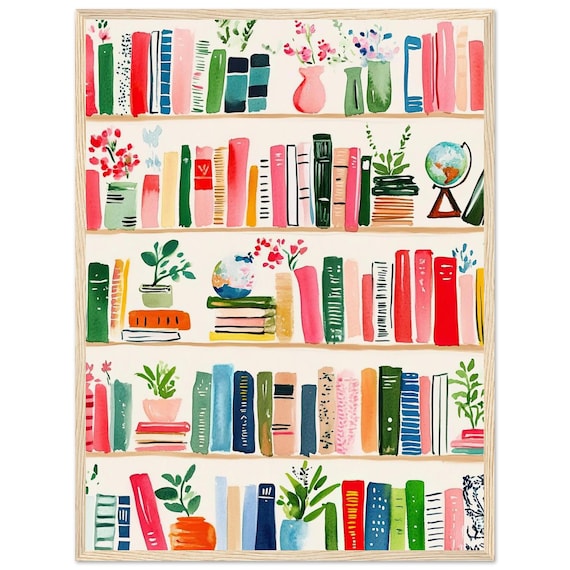 Colorful Bookshelves Watercolor Painting Style Print Books And Plants Wall Art Modern Artwork Illustration By Nataliaayuart