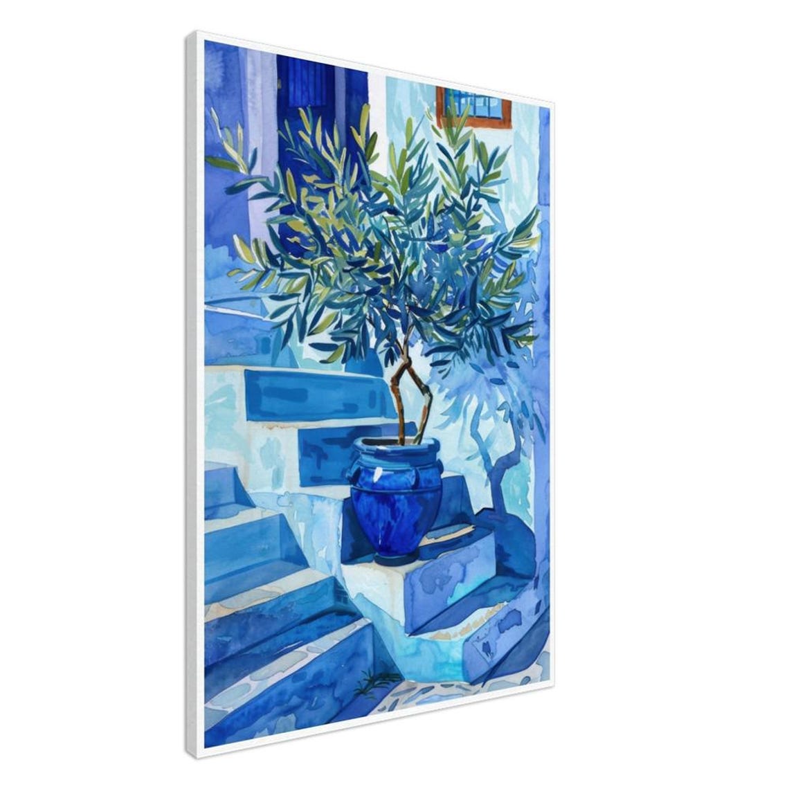 Olive Tree in Cobalt Blue Pot on Painted Blue Stairs Watercolor Print - Image 2