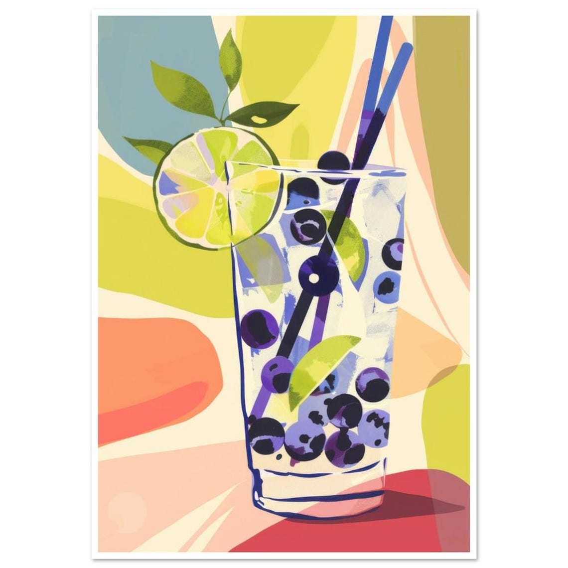 Blueberry Mojito Cocktail Lime and Straws Colorful Drink Art Print