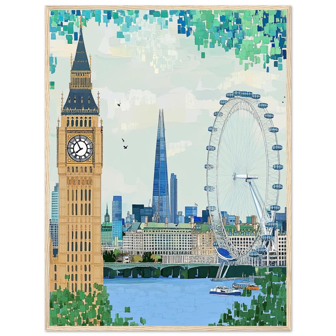 London Skyline Big Ben Shard London Eye Thames Modern Art Poster