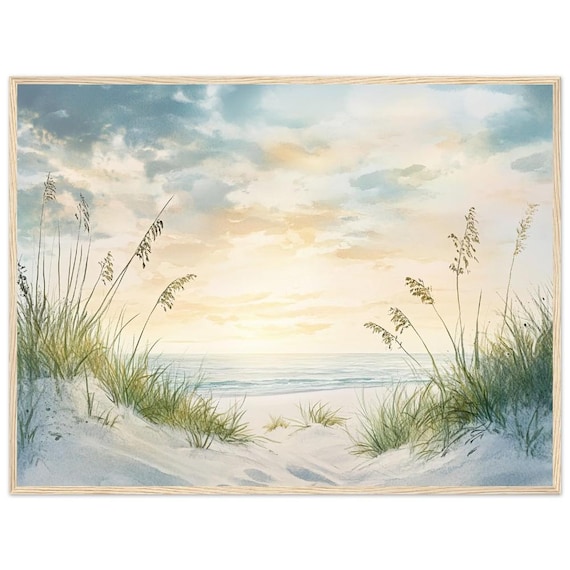Serene Beach Sunset Dunes Seagrass Watercolor Coastal Art Poster