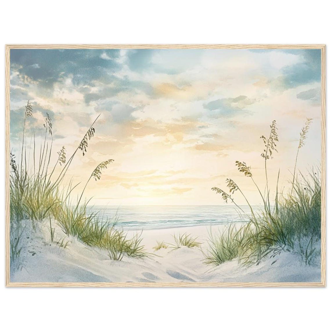 Serene Beach Sunset Dunes Seagrass Watercolor Coastal Art Poster