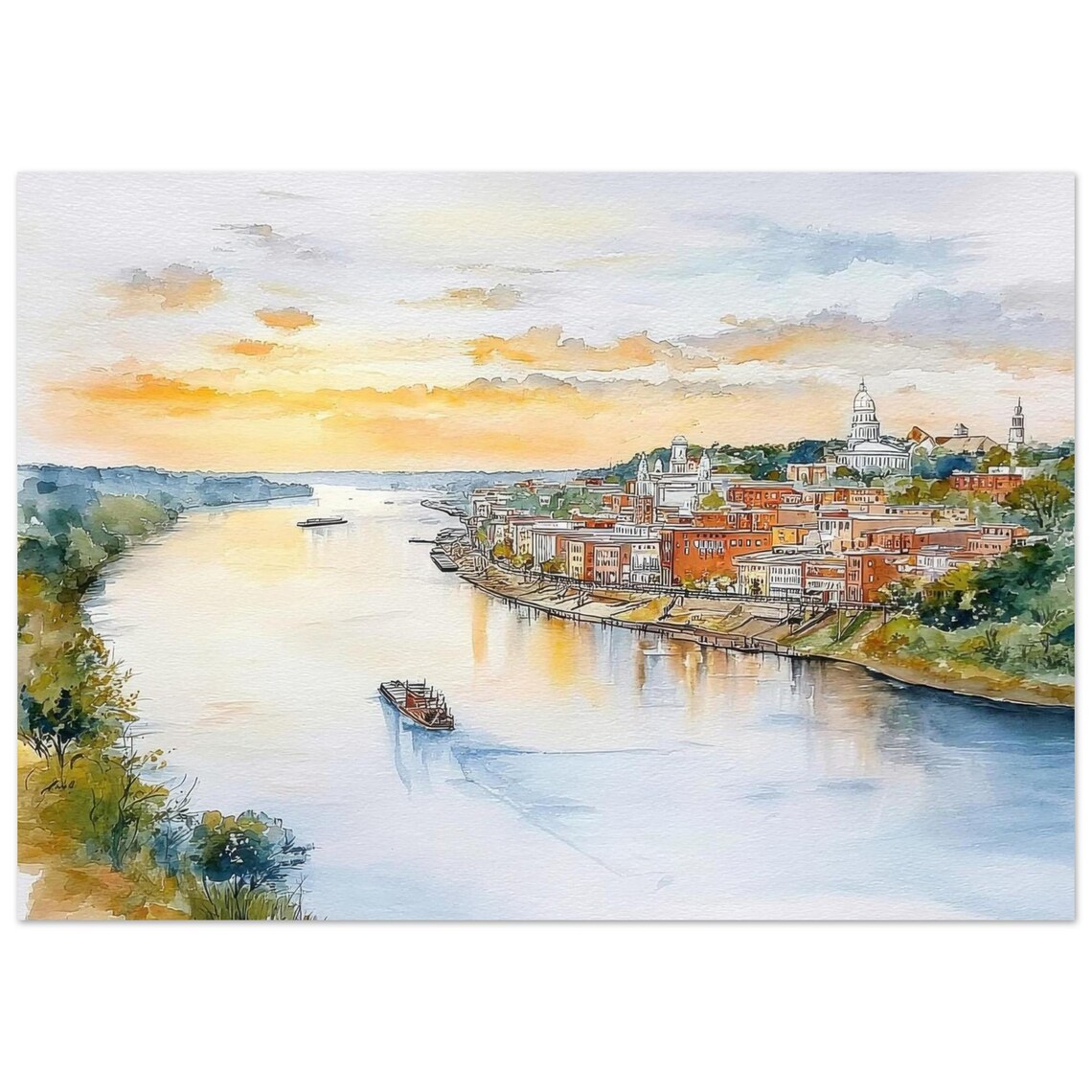 Vicksburg Mississippi Riverfront Golden Sunset Watercolor Poster
