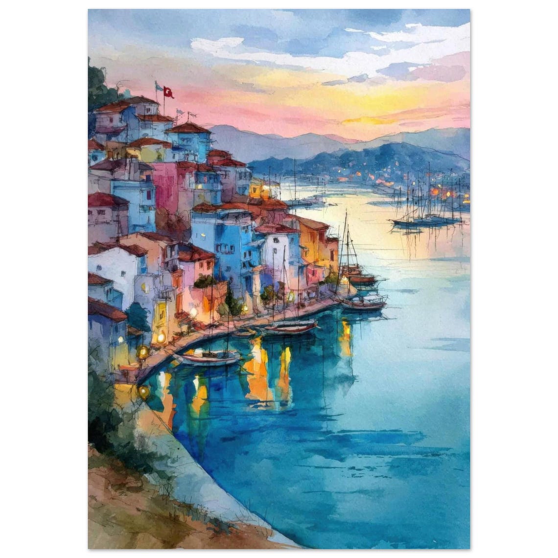 Bodrum Turkey Sunset Harbor Turkish Coast Watercolor Art Poster