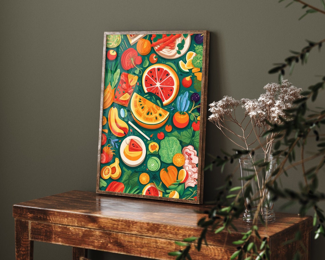 Colorful Fruit Illustration Citrus and Berries Cheerful Kitchen Print