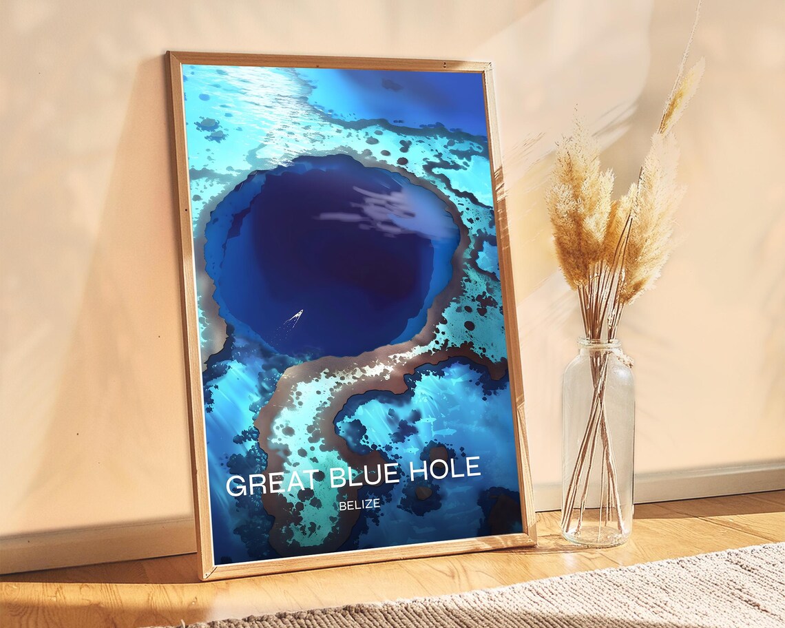 Great Blue Hole Belize Aerial Ocean Reef Freediving Travel Poster