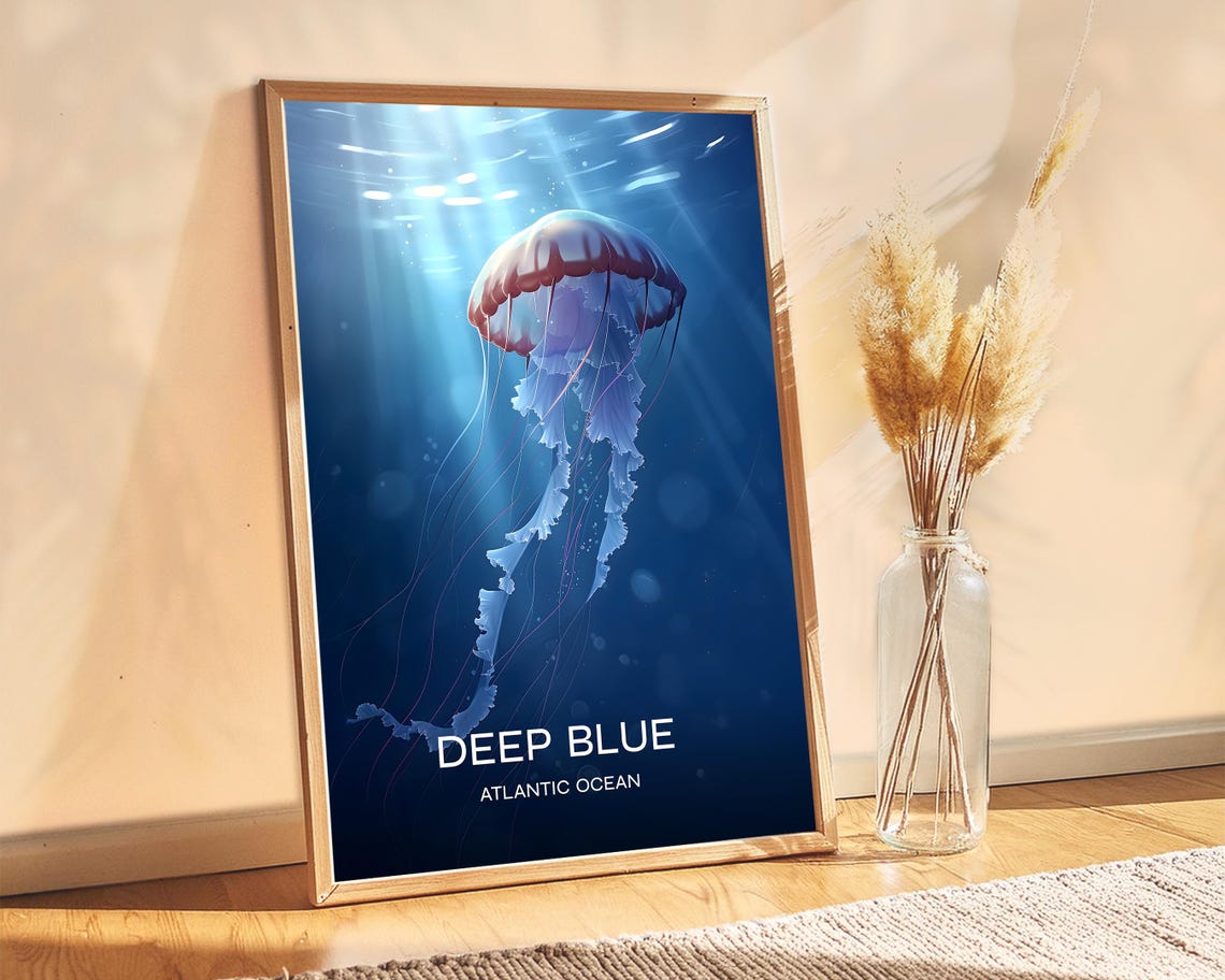 Deep Blue Atlantic Ocean Jellyfish Underwater Light Rays Poster