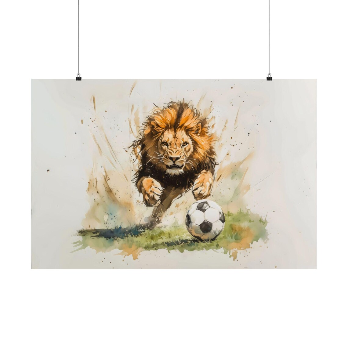 Lion Playing Soccer Watercolor Mane Action Wildlife Sports Decor Poster - Image 3