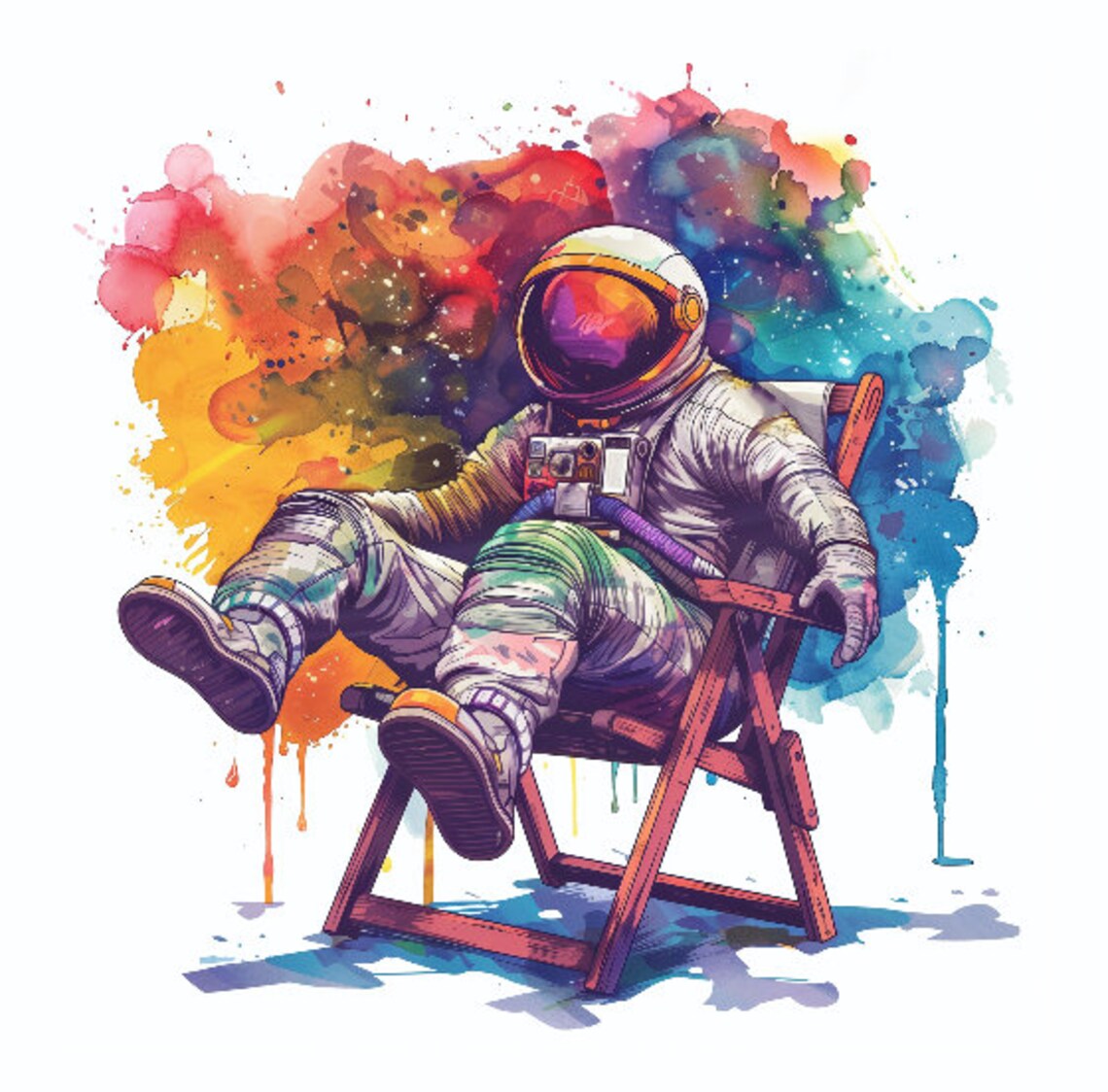 Relaxing Astronaut Beach Chair Cosmic Space Watercolor Art Poster - Image 3