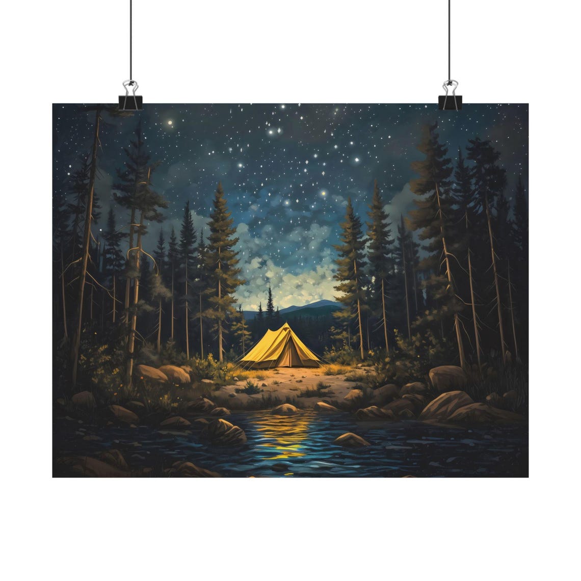 Yellow Tent Under Starry Night Sky By Mountain Stream Poster