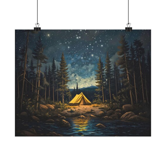 Yellow Tent Under Starry Night Sky By Mountain Stream Poster