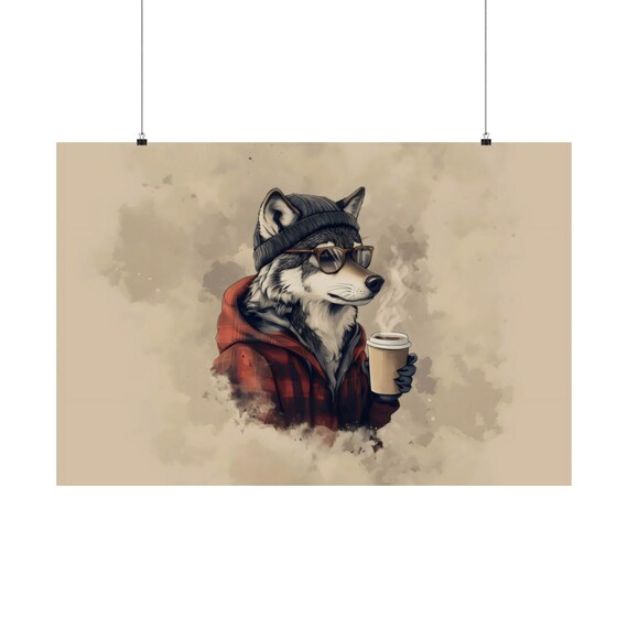 Cool Wolf Wearing a Beanie and Plaid Hoodie Drinking Coffee Funny Poster