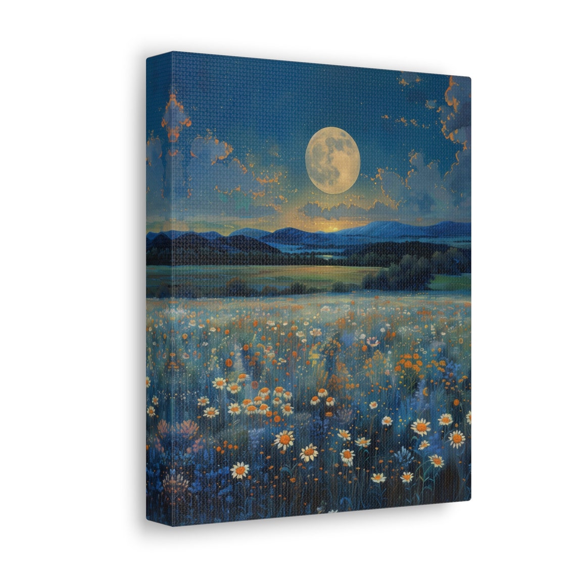 Full Moon Over Moonlit Wildflower Meadow Night Landscape Print - Image 2