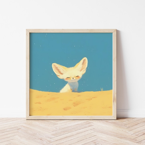 Cute Fennec Fox Kit In Desert Under Starry Sky Sweet Nursery Wall Art