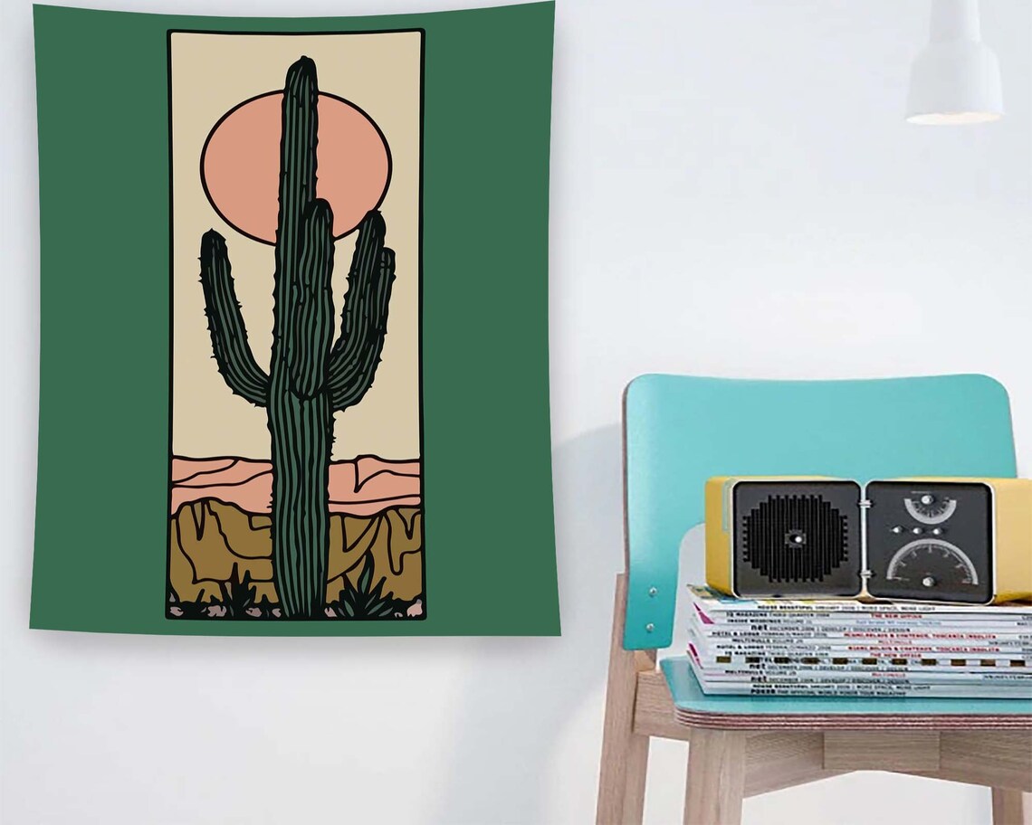 Saguaro Cactus Desert Sunset Green Southwestern Art Tapestry Poster - Image 2