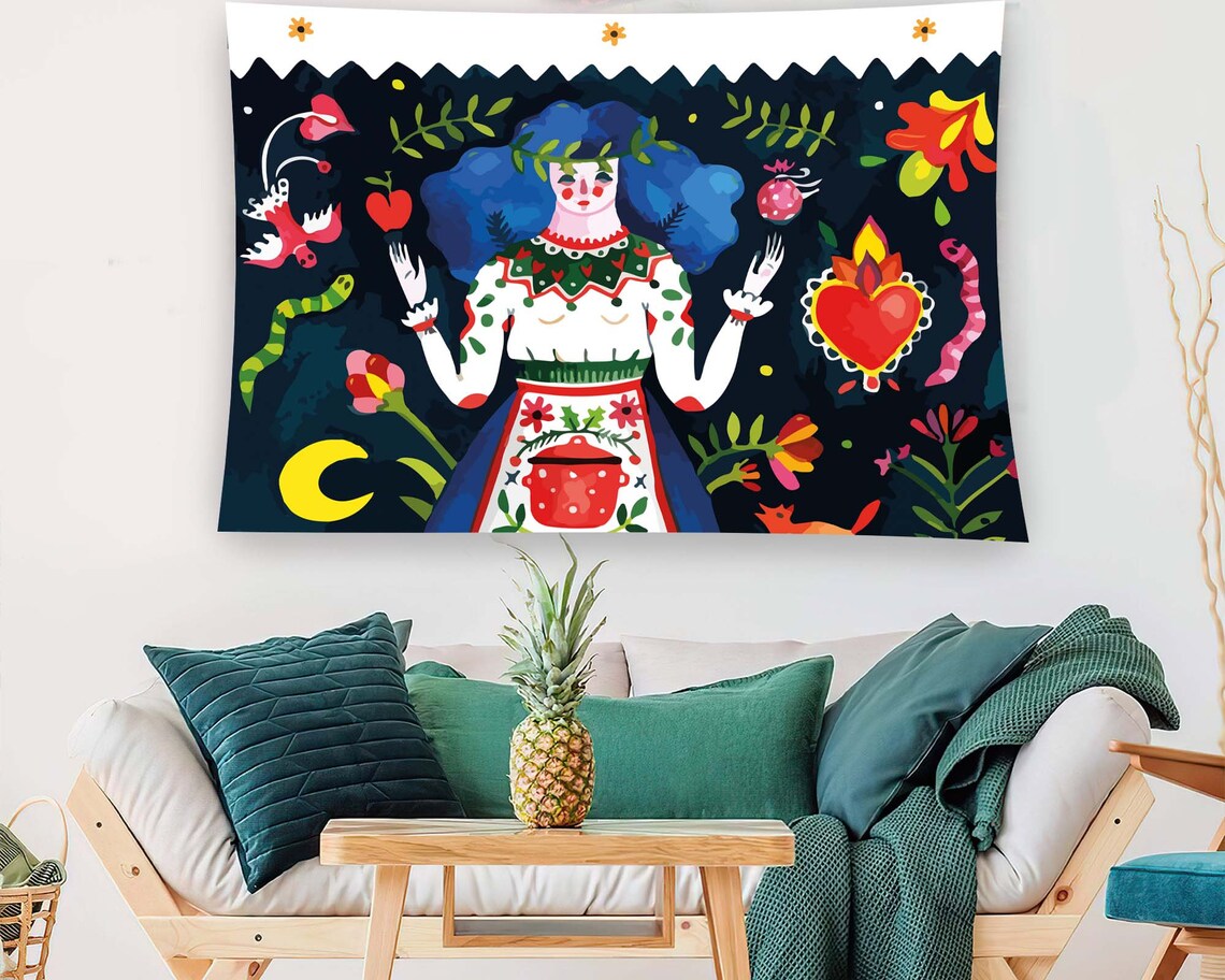 Colorful Folk Art Woman Flowers Hearts Birds Night Tapestry Wall Art