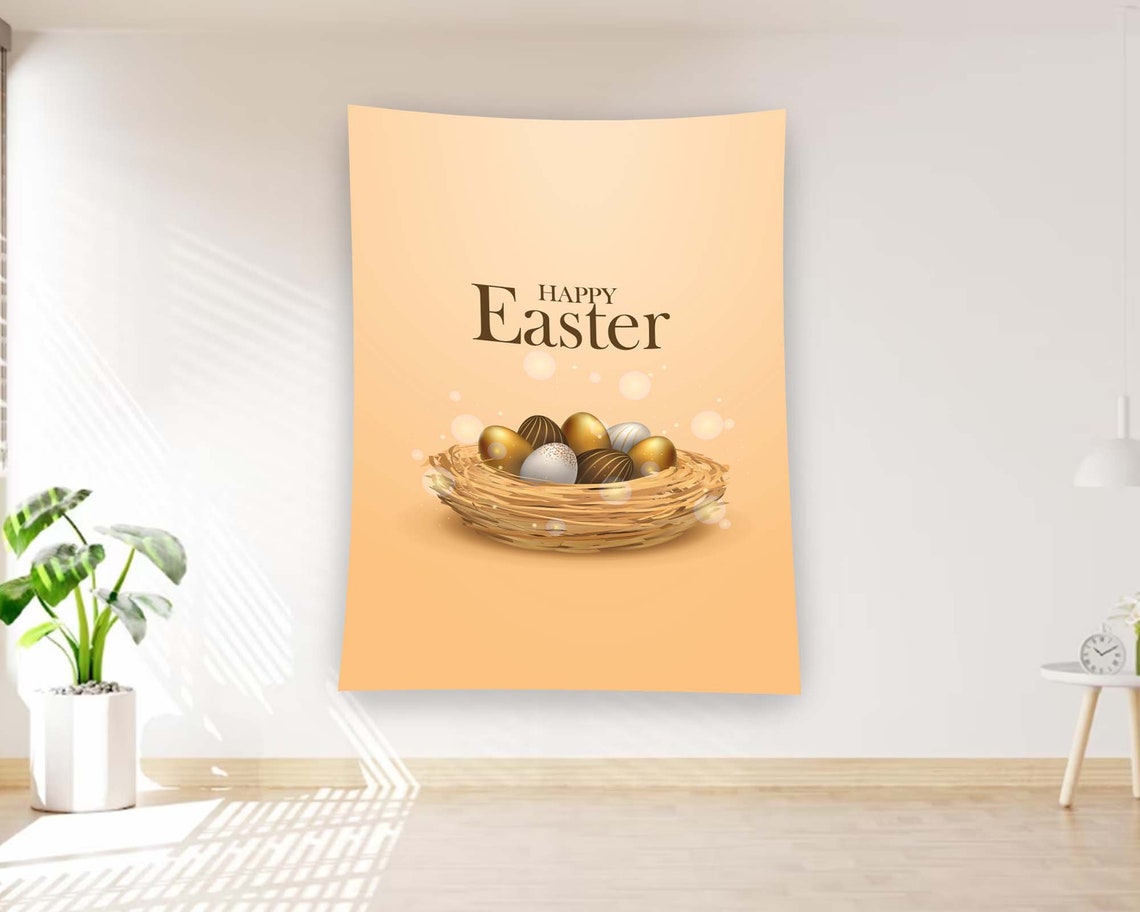 Happy Easter Gold Eggs Nest Peach Elegant Spring Decor Tapestry Poster - Image 2