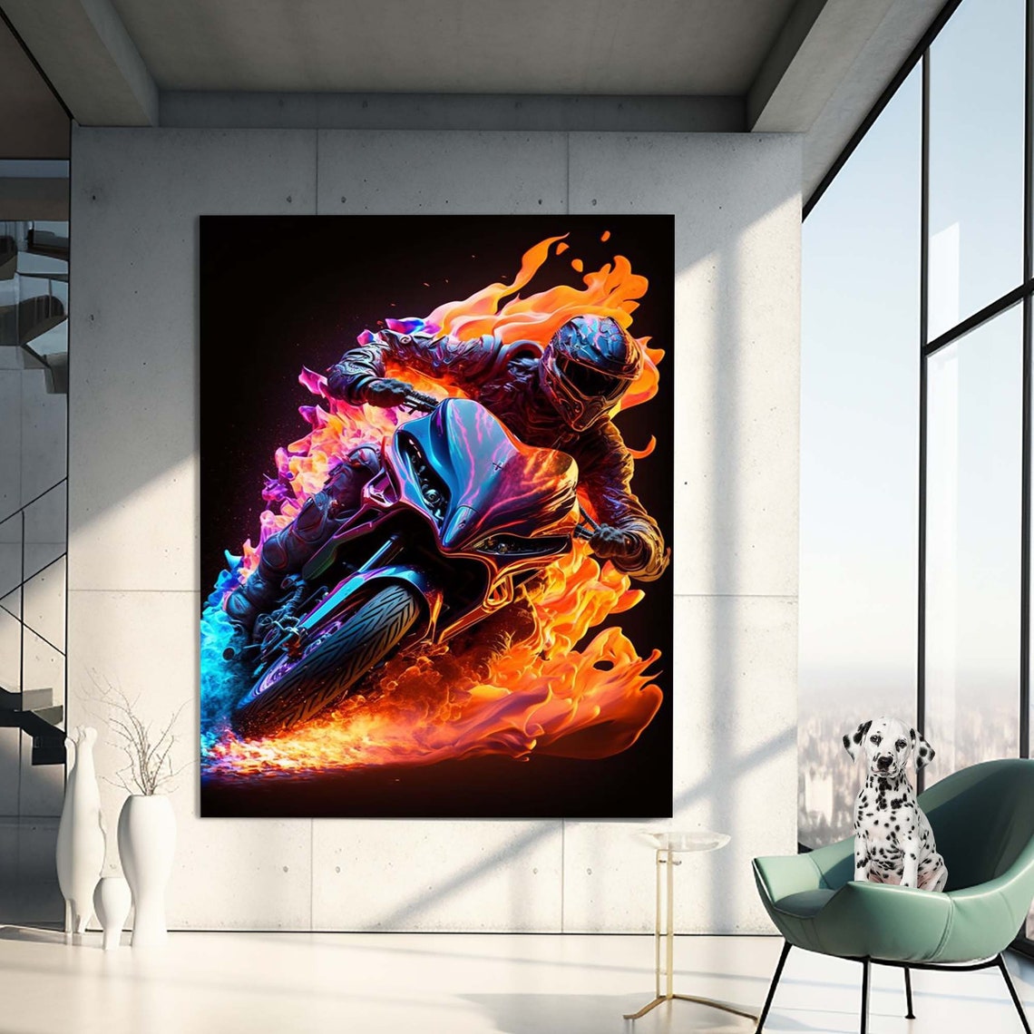 Neon Flame Motorcycle Racer Speed Fire Sport Wall Art Poster
