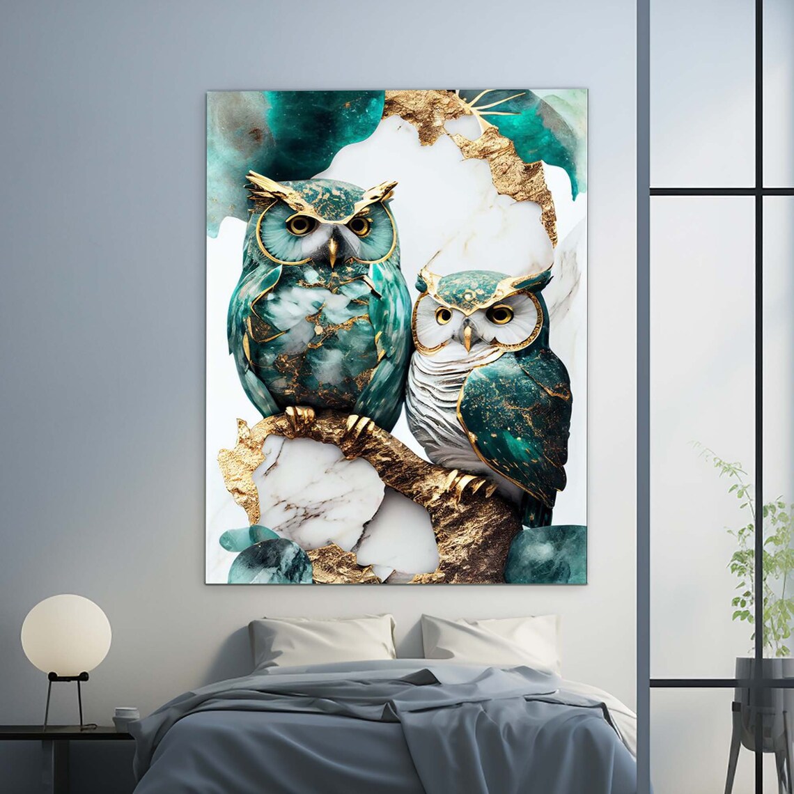 Two Owls Teal Gold Marble Branch Elegant Wildlife Wall Poster - Image 2
