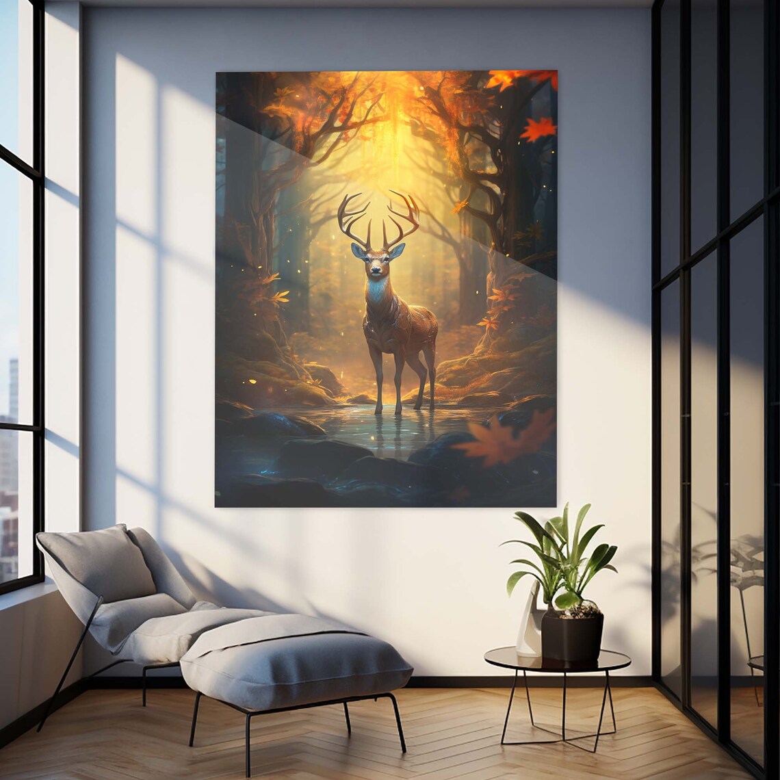 Majestic Stag Deer Golden Autumn Forest Stream Wildlife Wall Art - Image 2