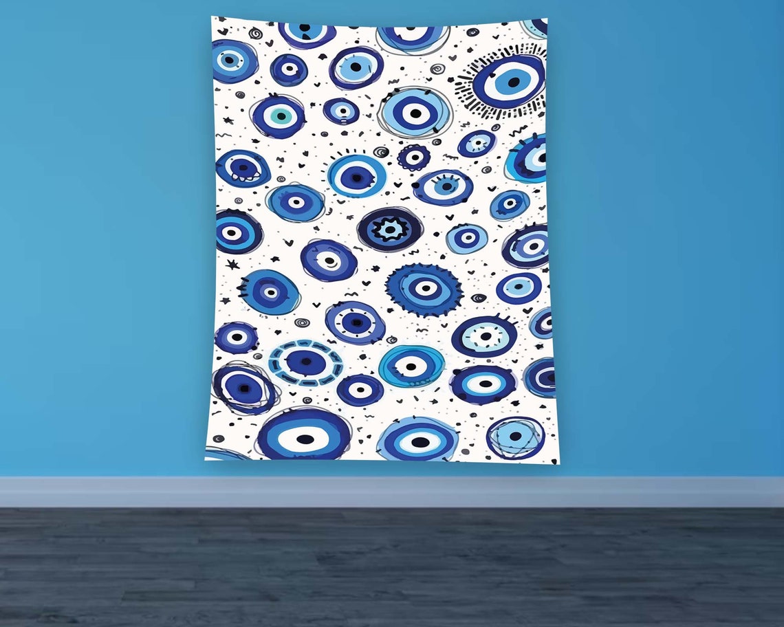Blue Evil Eye Nazar Pattern White Background Tapestry Wall Art - Image 2
