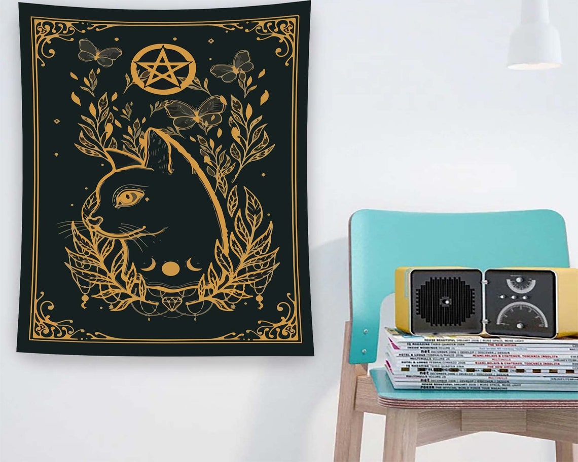 Gold Cat Pentagram Butterfly Moon Tarot Gothic Occult Wall Art Decor