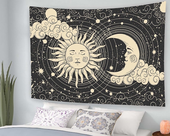 Celestial Sun Moon Stars Black Gold Mystical Astrology Night Poster