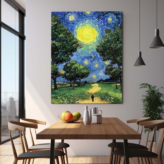 Starry Night Park Swirling Sky Van Gogh Style Moon Trees Wall Art