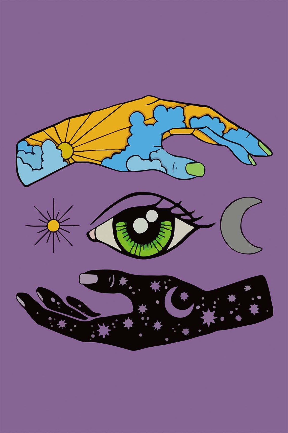 Purple Celestial Hands Sun Moon Stars Mystical Eye Tapestry Wall Art - Image 3