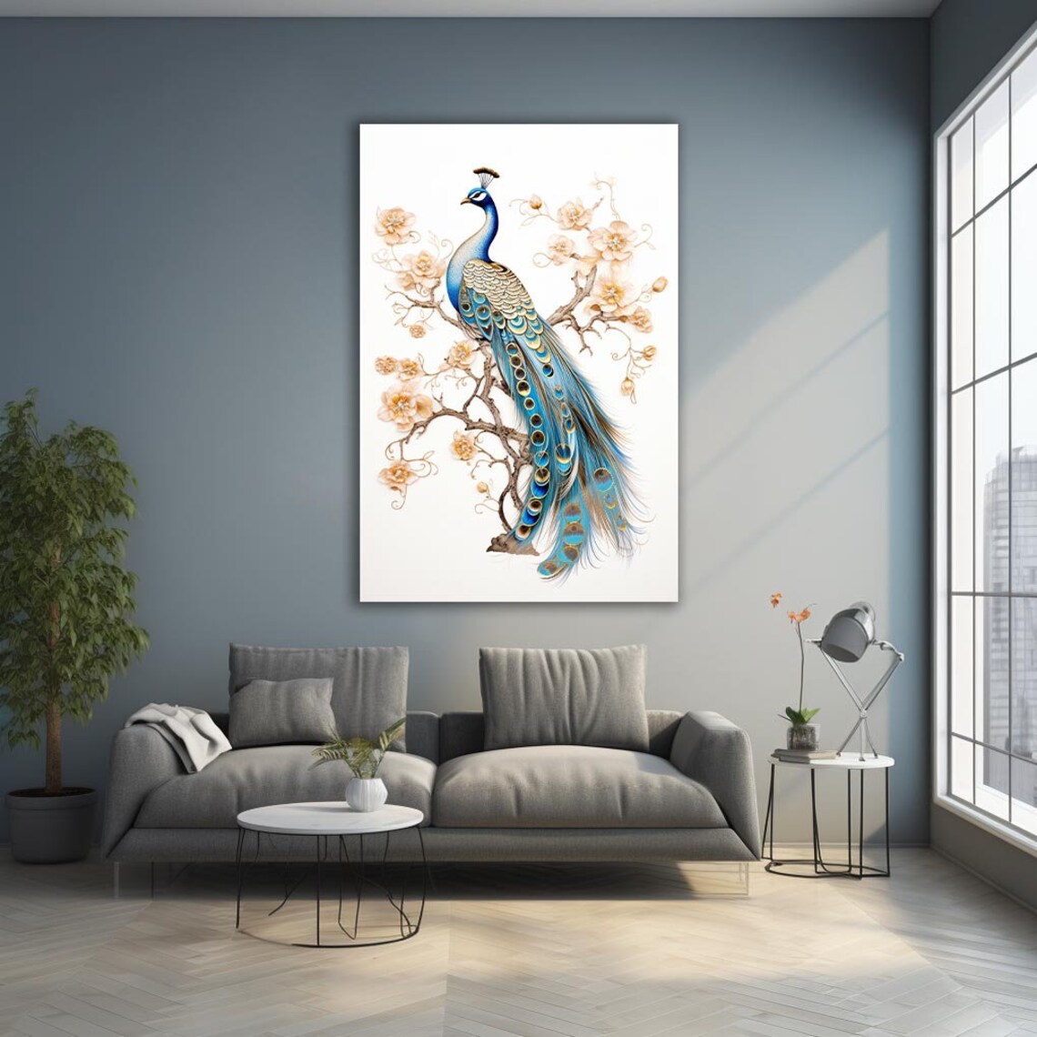 Elegant Peacock Pastel Flowers White Blooming Branch Bird Art Poster - Image 3
