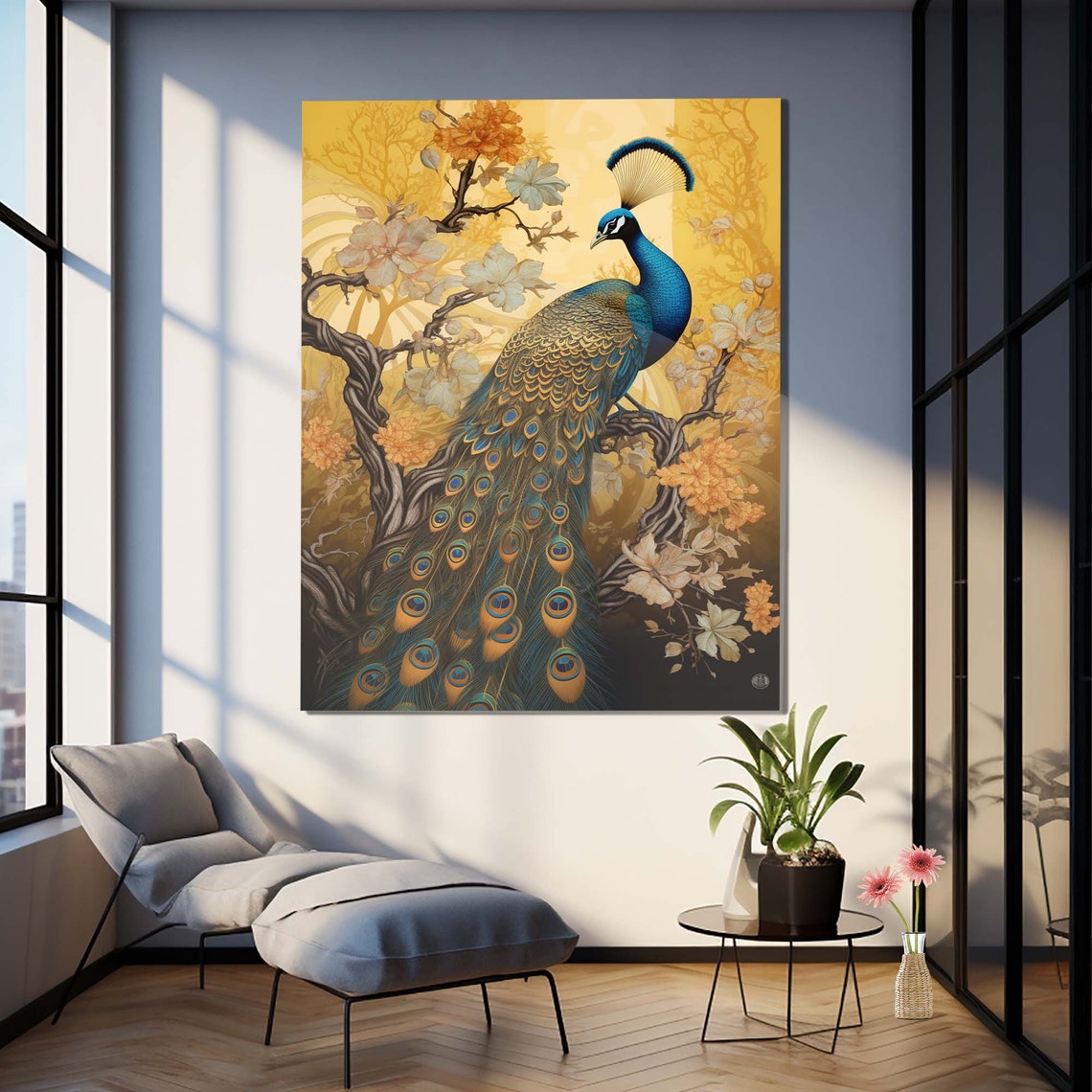 Majestic Peacock Orange Blossoms Golden Tree Bird Feather Art Poster - Image 3