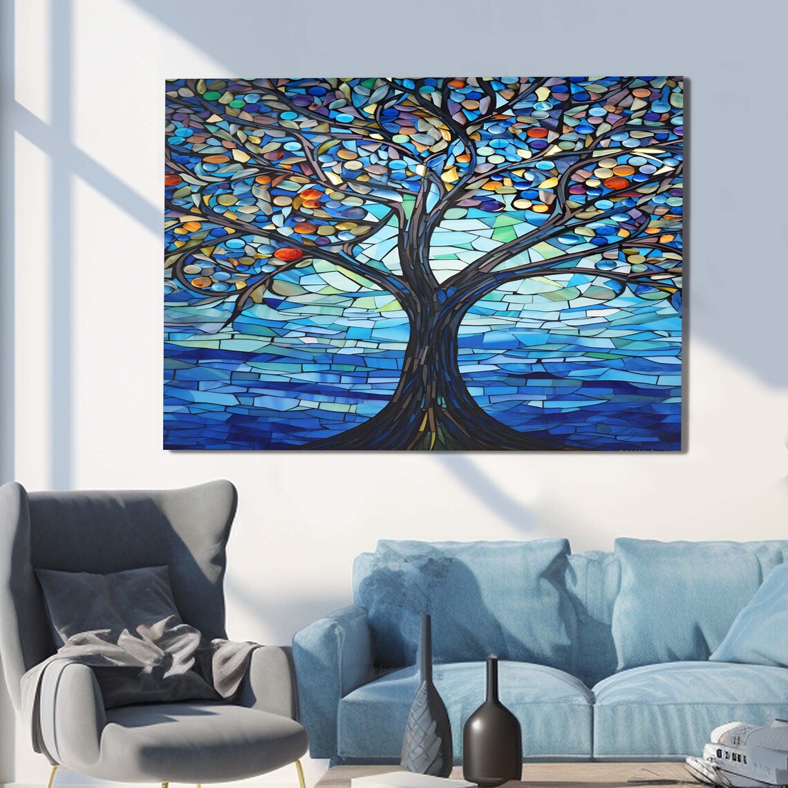 Blue Mosaic Tree of Life Colorful Leaves Stained Glass Wall Art - Image 3