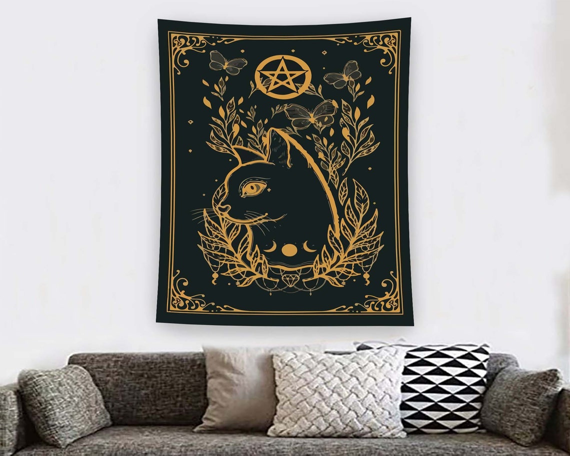Gold Cat Pentagram Butterfly Moon Tarot Gothic Occult Wall Art Decor - Image 2