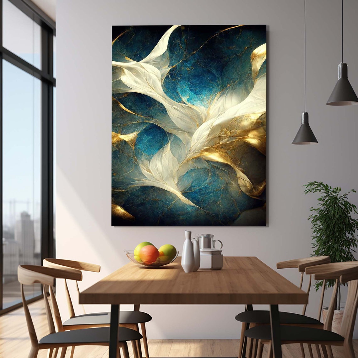 Abstract Teal Marble Gold Feather Swirls Luxury Glass Gallery Poster - Image 2
