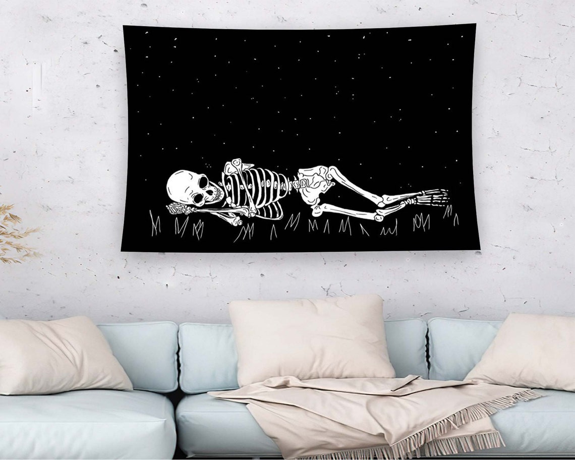 Black Skeleton Resting Starry Night Sky Minimalist Tapestry Wall Art - Image 2