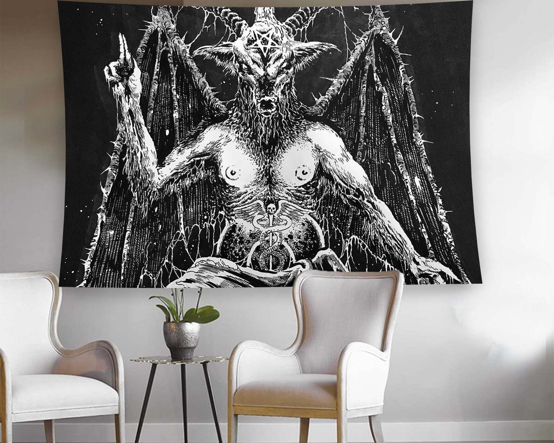 Black White Baphomet Goat Demon Wings Occult Art Tapestry Wall Art - Image 2