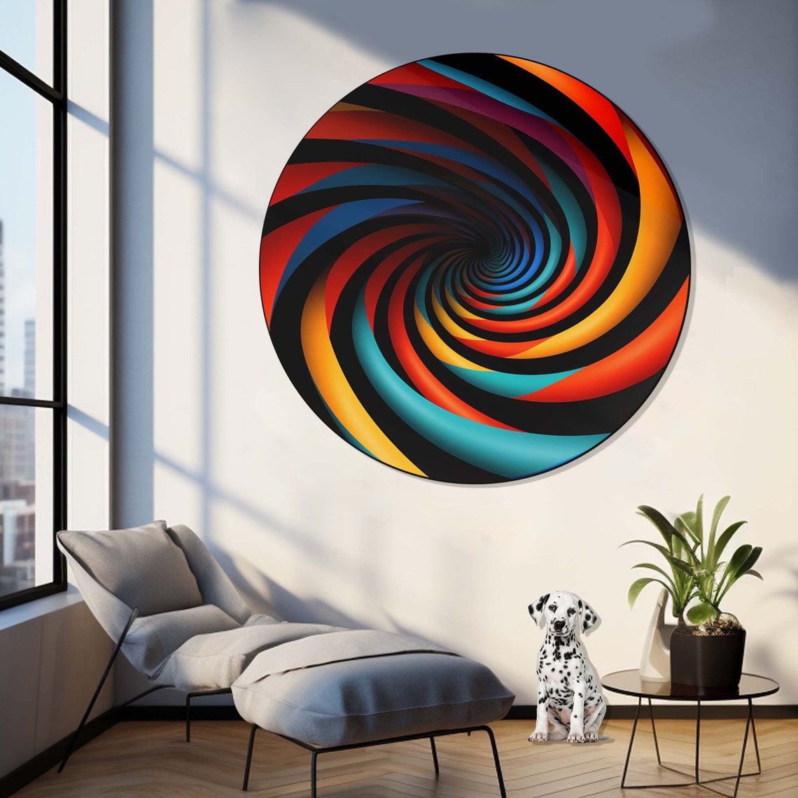Fiery Spiral Swirl Tunnel Black Red Orange Teal Round Wall Art - Image 3