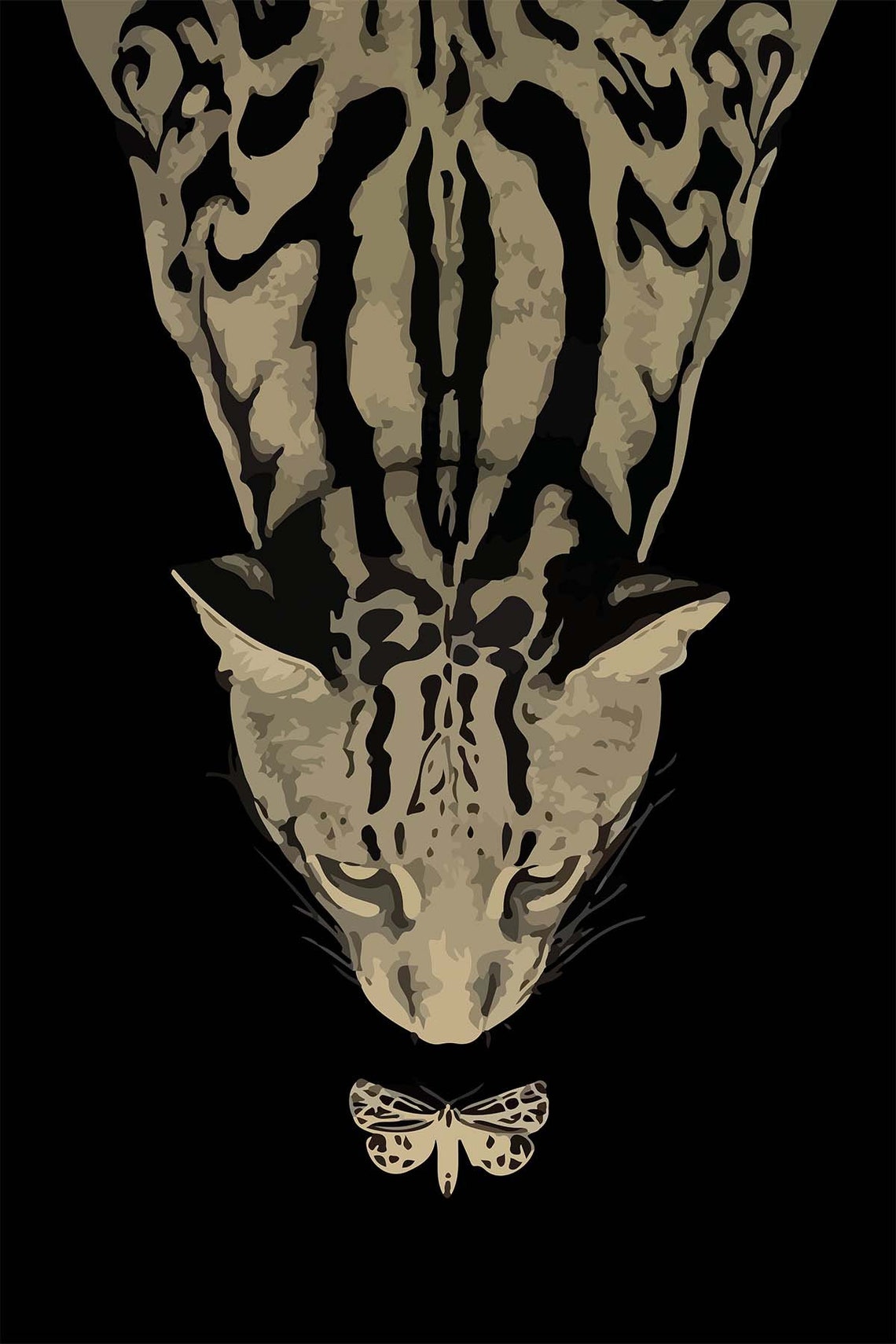Upside Down Cat Chasing Moth Beige Black Modern Minimalist Wall Art - Image 3