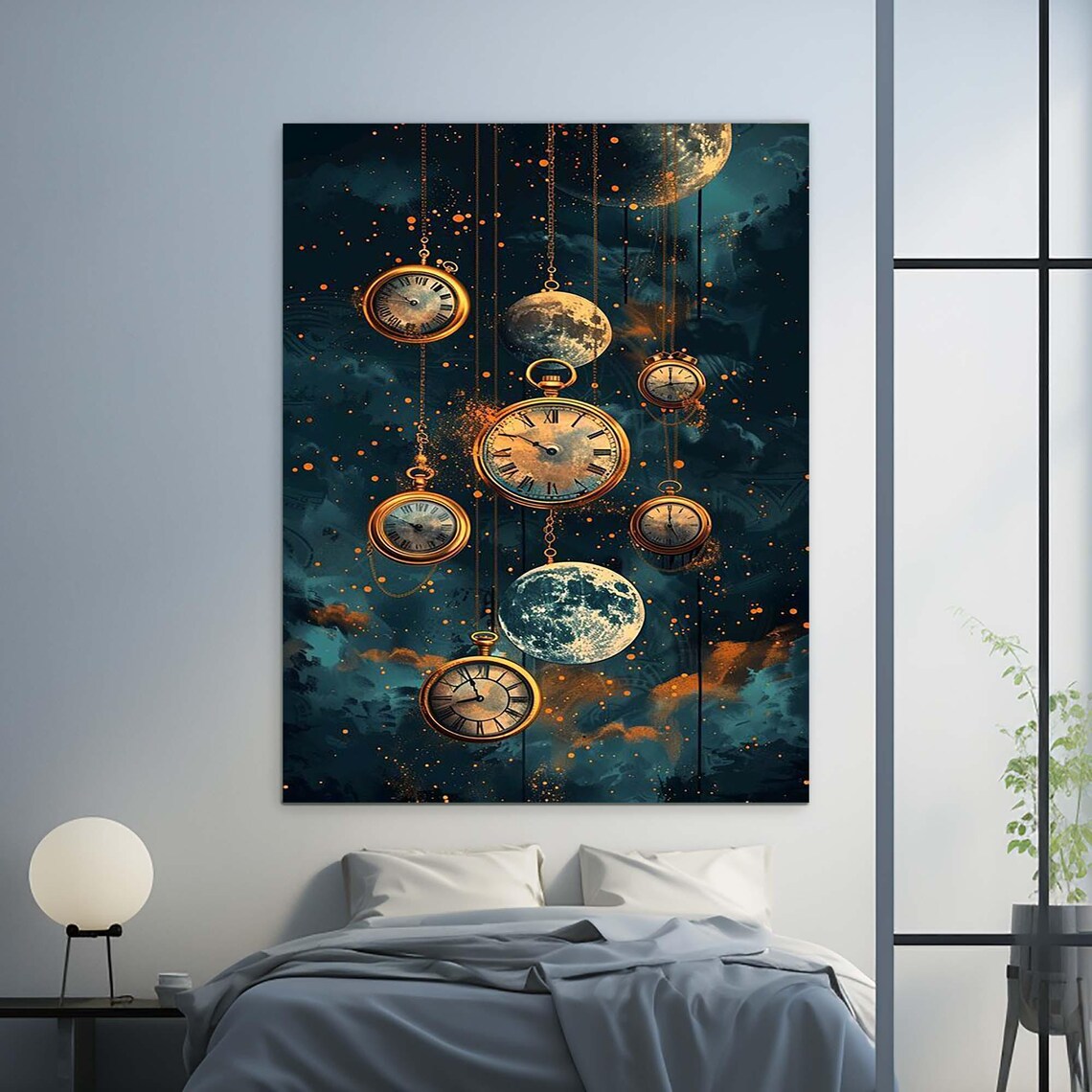 Vintage Pocket Watches Hanging Among Moons In Cosmic Night Sky Wall Art - Image 3