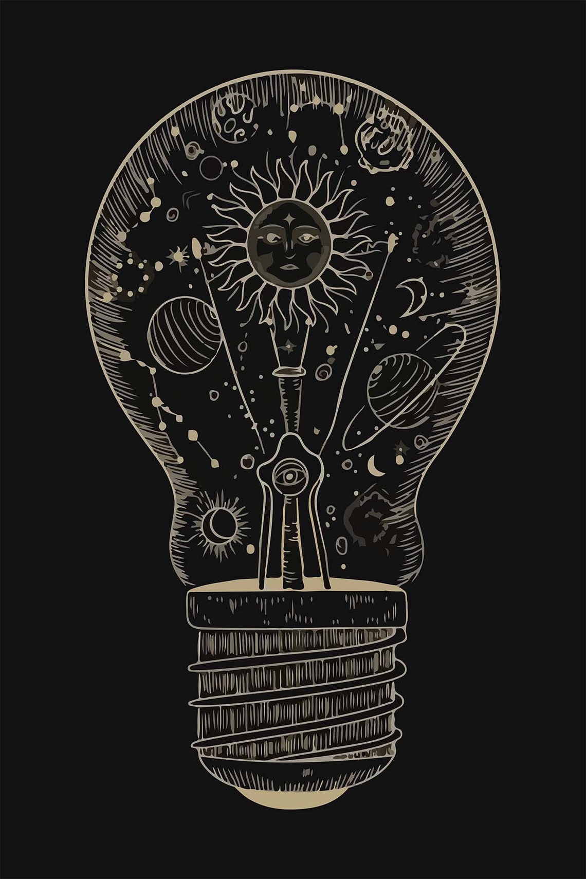 Celestial Lightbulb Sun Moon Stars Black Line Art Tapestry Poster - Image 3