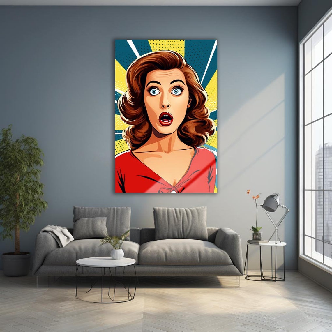 Pop Art Wow Brunette Woman Comic Burst Retro Bold Colorful Poster