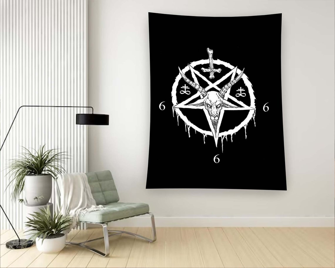 Black Occult Pentagram Baphomet Goat Head Satanic Tapestry Wall Art - Image 2