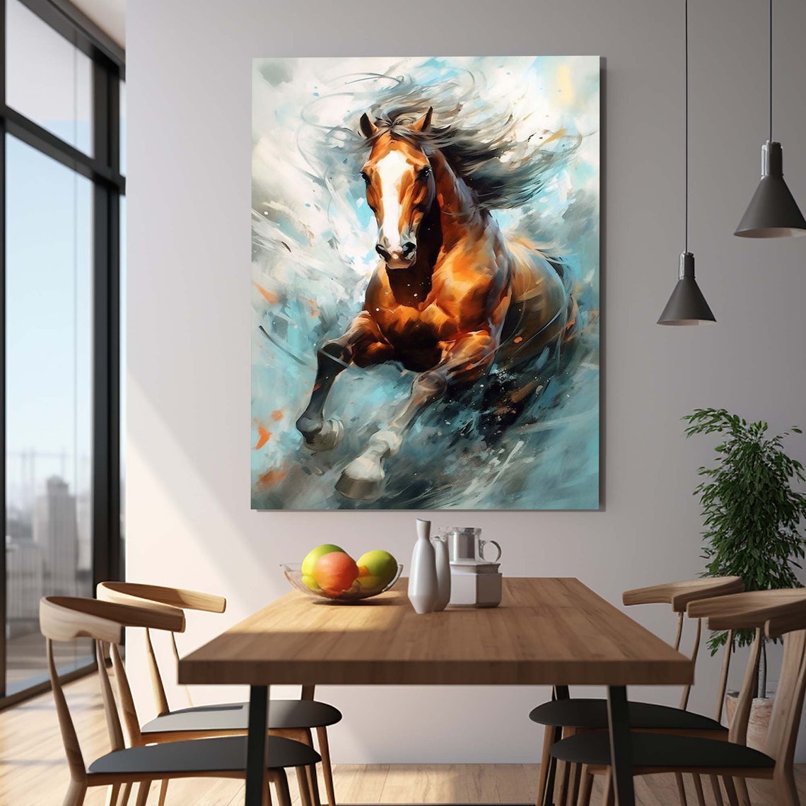 Chestnut Horse Running Blue Splash Dynamic Equine Wall Poster