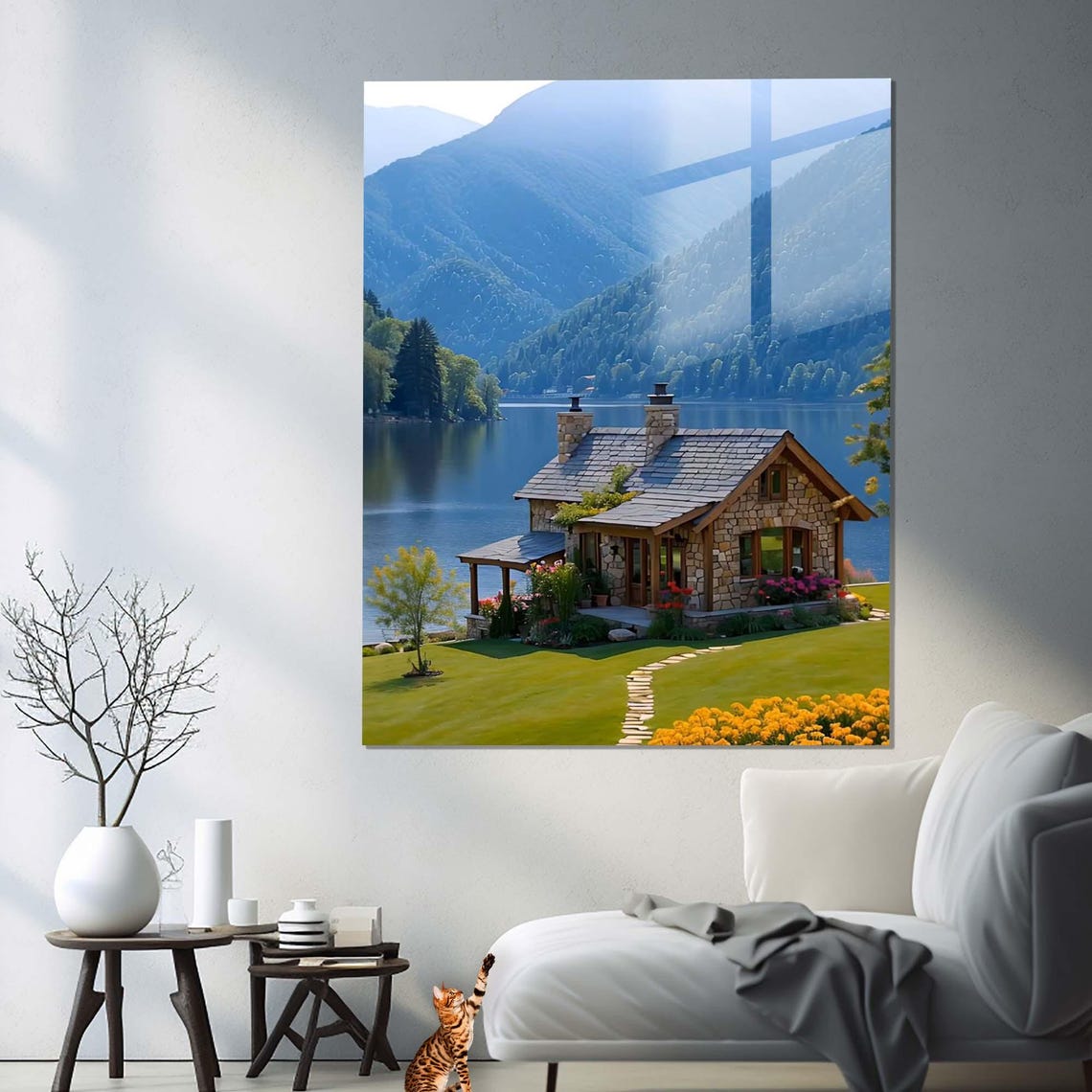 Stone Lake House By Mountain Lake With Misty Blue Peaks Cozy Wall Art - Image 2
