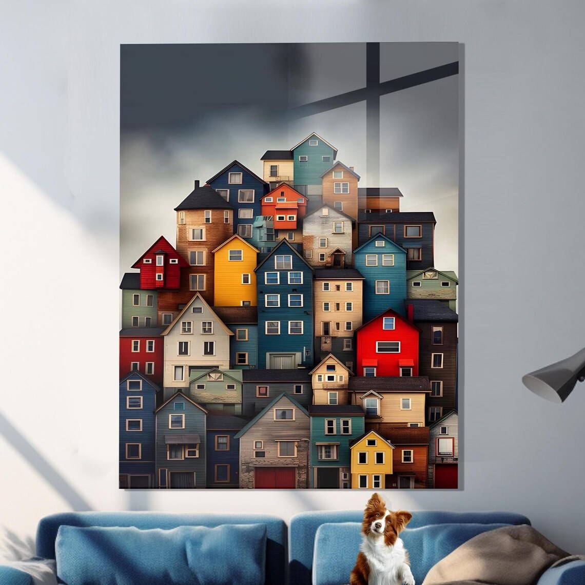 Whimsical Stacked Colorful Houses Village Illustration Gallery Poster