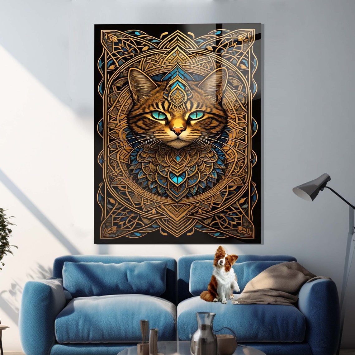 Golden Mandala Cat Face Teal Eyes on Black Background Wall Art - Image 2
