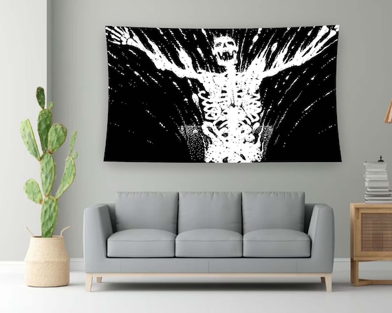 Black Horror Skeleton Burst Grunge White Ink Tapestry Wall Art